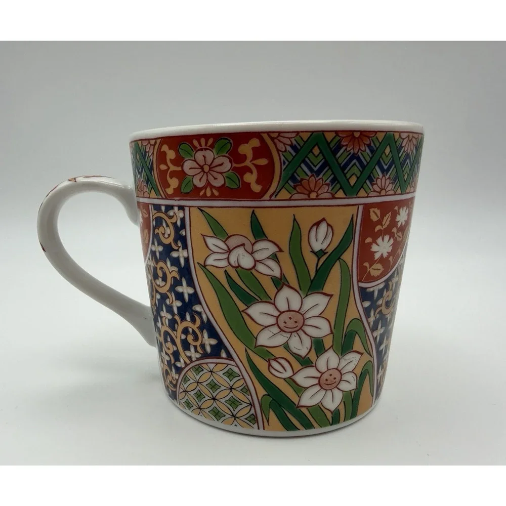Gumps Karakusa Japanese Porcelain Mug Imari Red Blue Green Gold Tones